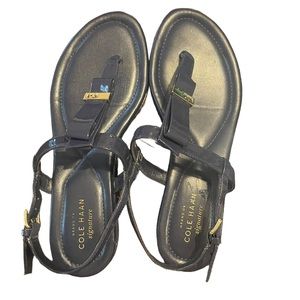 Cole Haan Molly Womens Navy Patent Leather Strap-back Flat Thong Sandals 7.5